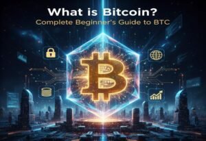 Conceptual artwork for 'What is Bitcoin? Complete Beginner's Guide' featuring the BTC logo and digital network connections.