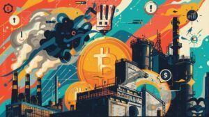 Colorful retro-style digital illustration highlighting cryptocurrency criticisms, depicting a massive golden Bitcoin symbol superimposed on a polluting industrial factory complex with smokestacks emitting dark smoke, scam warning signs, exclamation alerts, dollar symbols, and abstract digital elements in bold red, yellow, teal, and blue tones.