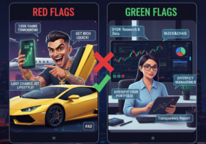 A side-by-side comparison infographic titled 'What’s Wrong with crypto Influencers? Don’t Let Them Fool You.' The left side shows 'Red Flags' featuring an aggressive influencer with a luxury car and jet promising '100x gains.' The right side shows 'Green Flags' featuring a professional analyst presenting educational data, transparency reports, and portfolio diversification strategies.