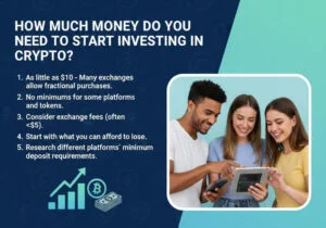 Informative graphic on how much to start investing in crypto. It lists five key tips, including starting with $10 and considering fees, alongside an image of three people using a tablet. Dark blue background with crypto icons.