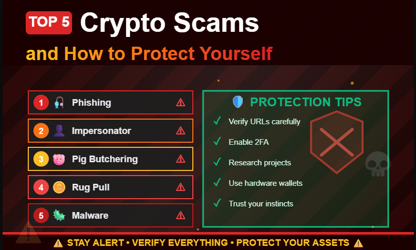 How to avoid crypto scams. Warning graphic listing Top 5 scams including phishing, impersonator, pig butchering, rug pull, and malware, with shield icon and protection tips like verify URLs, enable 2FA, research projects, use hardware wallets, and trust your instincts