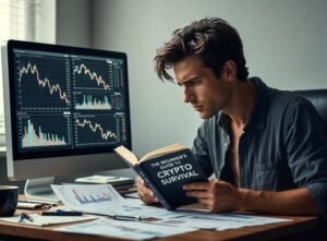 A young man with a worried expression sits at a desk, staring intently at a computer screen displaying multiple downward-trending crypto charts in red, illustrating crypto portfolio loss. He holds an open book titled 'The Beginner's Guide to Crypto Survival'.