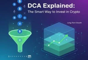 DCA Explained conceptual chart showing steady crypto growth.