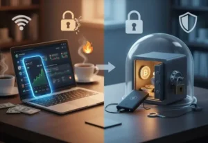 Hot wallet and cold wallet comparison graphic.