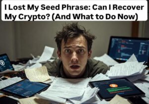 A panicked person with messy hair clutches their head at a cluttered desk covered in scattered papers and crypto wallet screens on laptops and tablets. Bold overlay title: "I Lost My Seed Phrase".