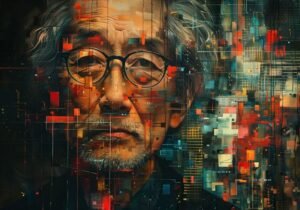 Abstract digital artwork portraying Satoshi Nakamoto, the anonymous inventor of Bitcoin, with mysterious and enigmatic styling.