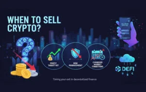 An infographic titled "when to sell crypto?" set against a dark, futuristic cityscape background.