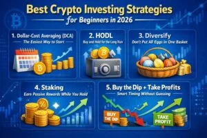 An informative infographic titled "Best Crypto Investing Strategies for Beginners in 2026". It features five clearly labeled sections with simple icons and short descriptions: 1. Dollar-Cost Averaging (DCA): The Easiest Way to Start 2. HODL: Buy and Hold for the Long Run 3. Diversify: Don't Put All Eggs in One Basket 4. Staking: Earn Passive Rewards While You Hold 5. Buy the Dip + Take Profits: Smart Timing Without Guessing The design uses beginner-friendly colors, simple graphics, and bullet-point tips to help new investors build a safe portfolio confidently.