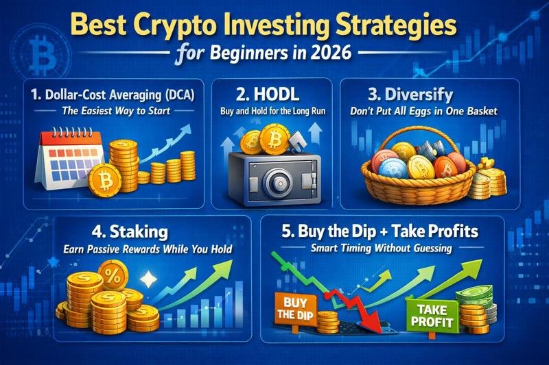 An informative infographic about crypto investing strategies for beginners.
