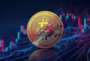 A close-up of a bitcoin coin reflected on a surface with neon market charts behind it, representing Bitcoin halving cycle.