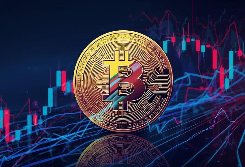 Infographic with Bitcoin in the center and a price chart at the background.