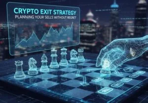 A digital, futuristic chessboard featuring holographic pieces and a Bitcoin symbol. A glowing hand moves a piece toward sell buttons marked 25%, 50%, and 75%. A floating screen displays a financial graph and the text "crypto exit strategy: planning your sells without regret" against a blurred nighttime cityscape.