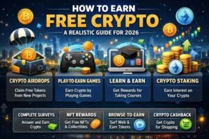 4:3 infographic titled ‘How to Earn Free Crypto: A Realistic Guide for 2026’ showing crypto earning methods like airdrops, play-to-earn games, learn and earn programs, crypto staking, surveys, NFT rewards, browse-to-earn, and crypto cashback, illustrated with coins, icons, and a futuristic city background.