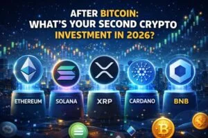 4:3 futuristic crypto infographic titled ‘After Bitcoin: What’s Your Second Crypto Investment in 2026?’ showing Ethereum, Solana, XRP, Cardano, BNB, and Chainlink displayed on glowing pedestals, with candlestick charts and a digital city skyline in the background.