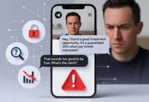Illustration of a skeptical man looking at his smartphone screen displaying a Telegram chat. In the chat, a message says "Hey, I found a great investment opportunity. It's a guaranteed 20% return per month. Interested?" The reply bubble reads "That sounds too good to be true. What's the catch?" Surrounding the phone are floating icons: a red broken lock, a blue magnifying glass, a red downward trending chart, and a large red warning triangle. This image represents a Telegram crypto scam warning.
