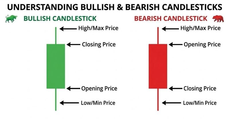 Understanding bullish and bearish candlesticks.
