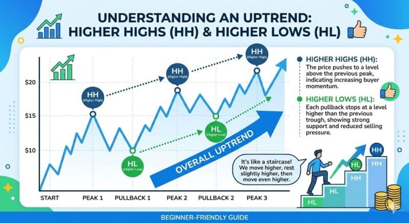 Simplified market uptrend illustration for beginners.